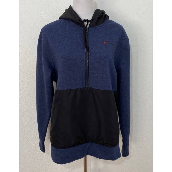 Champion Size L Black Navy Color Block Half Zip Hoodie Long Sleeve Athleisure - Picture 1 of 11